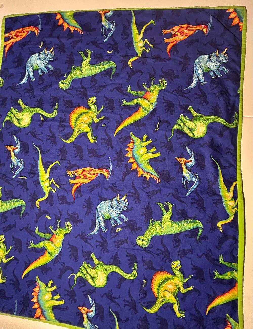 Child Dinosaur Blanket Blue with a Green Backing Primary Colors 35x43 “ handmade